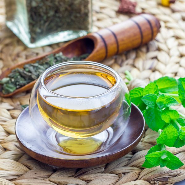 Herbal mint tea in oriental glass cup with fresh peppermint and tea scoop on background, square